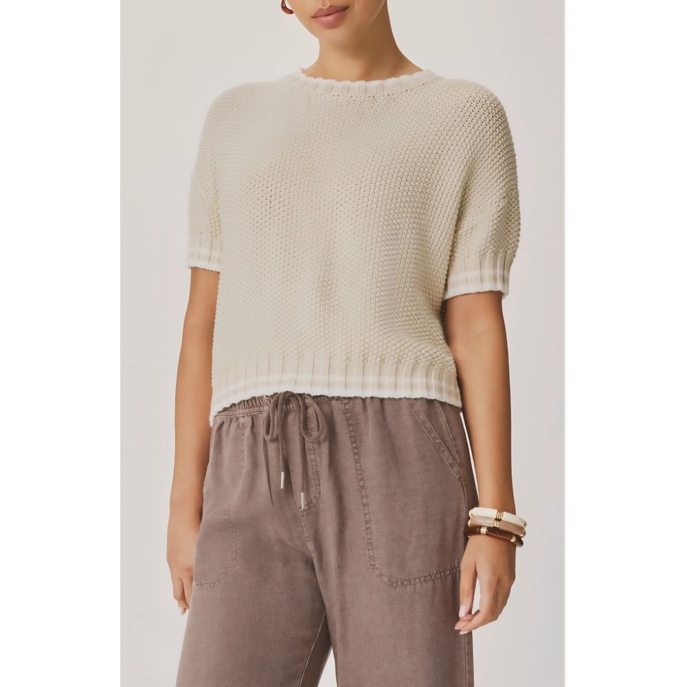 New Spendid Ann Marie Chunky Knit Crew Neck Cotton Sweater Large Beige Tan